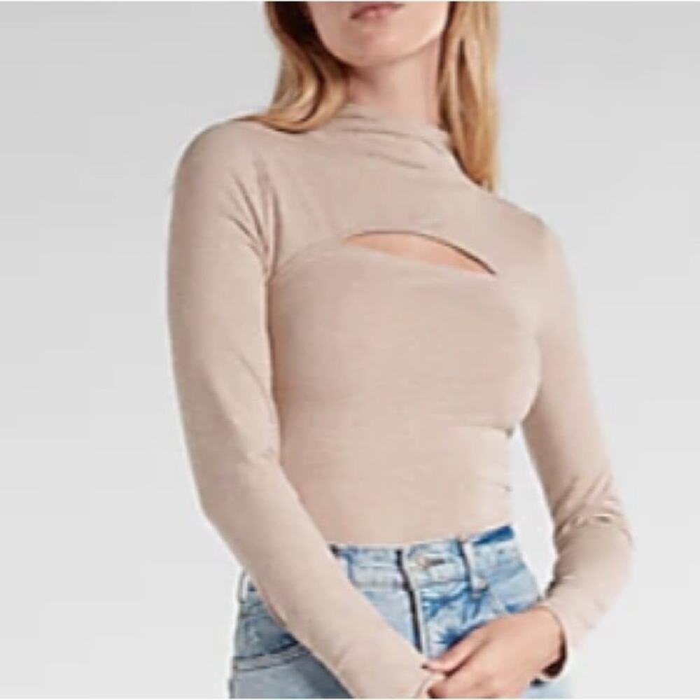 NEW Express Body Contour Mock Neck Cutout Bodysuit Lg Long Sleeve Neutral Layer
